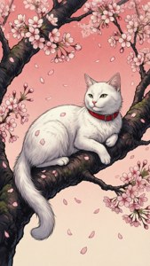 En elegant katt som hviler på en sakura-gren — Animekatt Bakgrunner