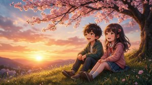 To animebarn nyter en fredelig solnedgang under kirsebærblomsttrær. — Anime barn Bakgrunner