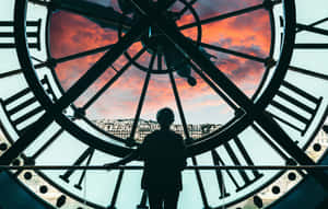 Kjempeklokke med solnedgangsutsikt på Musée d'Orsay — Solnedgangshimmel Bakgrunner