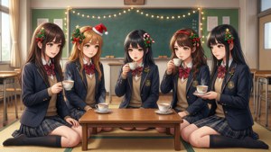 Anime-skolejenter koser seg med julekotatsu i klasserommet