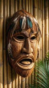 En tiki-maske laget av kokosnøttskall og fjær på en bambusvegg med varmt lys. — iPhone 5 Bakgrunner