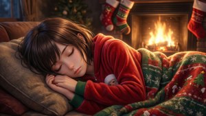 Animejente som sover i julepysjamas ved peisen