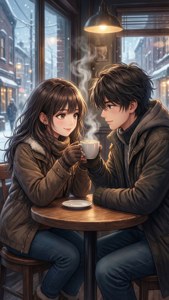 Animepar på kafé om vinteren som deler drikkevarer, koselig atmosfære. — Anime par GIF Bakgrunner