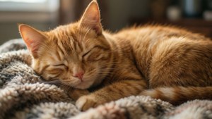 Et hjertevarmt bilde av en sovende katt på et teppe, ideelt for dyreelskere.
