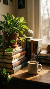 Koselig lesekrok med bøker, kaffe og planter. — Indie-estetikk GIF Bakgrunner