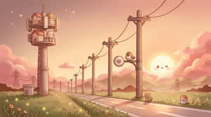 søtt landskap, koselig skumring, veikant-sceneri, søt telefonstolpe, lunefull solnedgang, smilende sol, blunkende sol, chibi-figur, signaltårn, søt fugl, søt katt, hjerte-tegn, lysende ildfluer, rosa skylandskap, rolig vei, landlig sti, myke pastellfarger, nostalgisk illustrasjon, rolig atmosfære, magisk kveld — Søt katt Bakgrunner