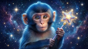 Magisk blåpelset ape med en stjernetrollstav i en kosmisk setting — Søt ape Bakgrunner
