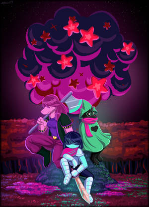 Deltarune-karakterer under en sky med røde stjerner bakgrunnsbilde — OnePlus Pad Bakgrunner