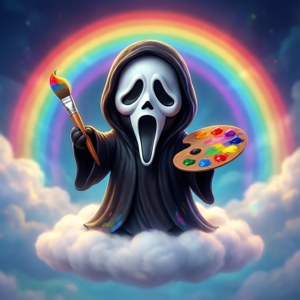 Ghostface som kunstner som maler regnbuer. — Motorola Razr 2026 Bakgrunner