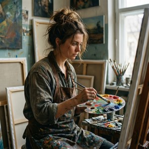 Ksenia Solo maler i et solfylt atelier omgitt av kunstverk og utstyr. — Pixel Watch 3 Bakgrunner