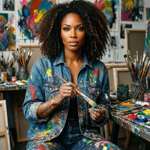 Selita Ebanks i et malerstudio med malingssprut — Pixel Watch 5 Bakgrunner
