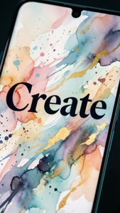 Pixel 8 med 'Create' typografi-bakgrunn og akvarellsprut