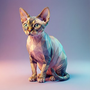 En moderne lavpoly 3D-gjengivelse av en Devon Rex-katt med pastellfargede fasetterte former. — Pixel Watch 4 Bakgrunner