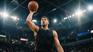Hoppskudd fra lav vinkel med linseskjær og intenst spilleruttrykk. — Basketball GIF Bakgrunner