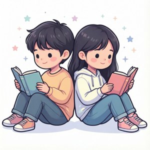 Clipart av to venner som leser rygg mot rygg på en stjernebakgrunn. — Pixel Watch 4 Bakgrunner