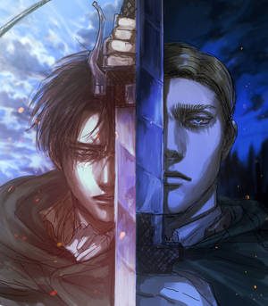 Halvparten av Erwin og Levi Ackermans ansikt fan art bakgrunn. — Galaxy Z Fold Bakgrunner