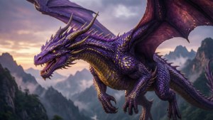Episk fantasyscene av en lilla drage som flyr over fjell. — Lilla Bakgrunner