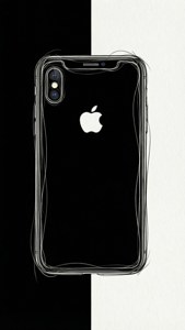 En minimalistisk linjetegning av en iPhone XR, svart-hvitt, elegant kunstbakgrunn.