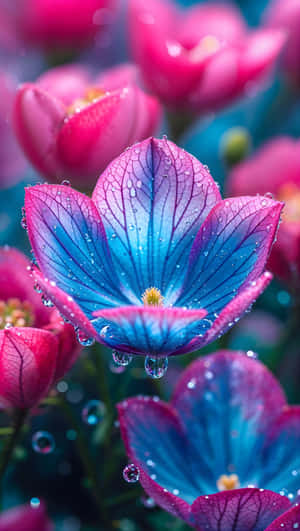 rosa, blå, kronblader, blomst, dråper, levende, blomstring, kontrast, natur, nærbilde — Blå Bakgrunner