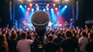 Et dynamisk bilde av en mikrofon med et uskarpt konsertpublikum. — Musikkestetikk Bakgrunner