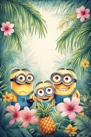 Minions, bakgrunnsbilde, 4K, tropisk jungel, palmeblader, pastellrosa, pastellgul, blomster, ananas — iPhone 4 Bakgrunner