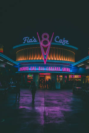 Livlig atmosfære på Flo's V8 Café i Disney California Adventure Park — Natt Bakgrunner