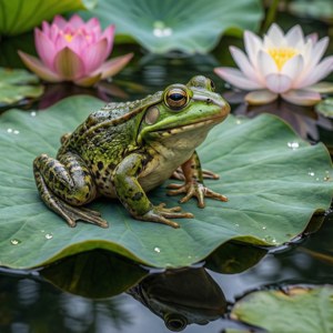 En frosk-therian som hviler på et lotusblad i en stille dam. — Pixel Watch 5 Bakgrunner