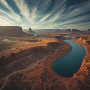 ørken, kløft, elv, landskap, luftfoto, buktende elv, sandstein, fjellformasjon, sørvest-USA, natur, naturskjønn, dal, dramatisk himmel, skyer, rød stein, geologi, erosjon, reise, turisme, villmark