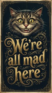Typografisk bakgrunnsbilde med Cheshire Cat og sitatet 'Vi er alle gale her'. — Cheshire Cat Bakgrunner