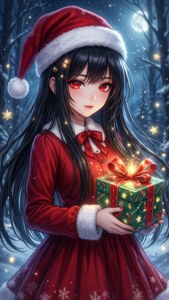 Anime-jente i Santa-drakt som holder en glødende gave i en snødekt skog