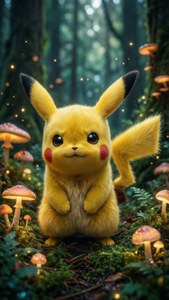 Pikachu i en fortryllet skog med lysende sopp — iPhone 8 Bakgrunner