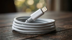 Nærbilde av iPhone-ladekabel spiralformet på tre med bokeh