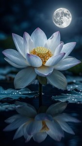 Lotus som blomstrer under fullmåne med refleksjoner, dyp blå og sølv. — Lotusblomst Bakgrunner