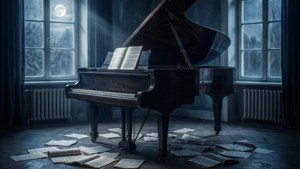 Flygel i et dunkelt rom med måneskinn og strødde noteark. — Musikkestetikk Bakgrunner