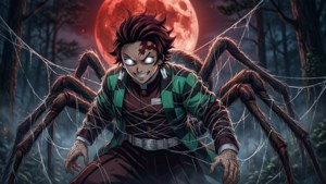 Rui på spindelveven sin under en karmosinrød måne — Rui Demon Slayer Bakgrunner