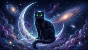 En mystisk svart katt på en halvmåne — Animekatt Bakgrunner