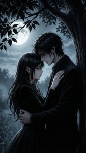 Romantisk svart anime-par under et tre med svarte blader — Svart anime Bakgrunner
