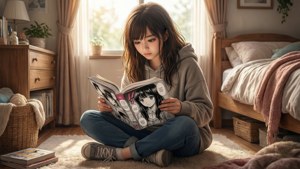 En fredelig scene av en jente som nyter manga på rommet sitt. — Manga-GIF Bakgrunner