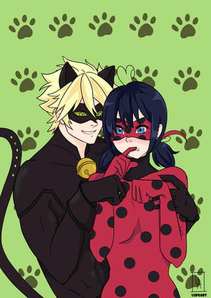 Marihøne og Cat Noir kysser hundeprint bakgrunnsbilde — Marihøne og cat noir kysser Bakgrunner