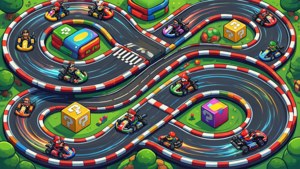 Isometrisk visning av en Mario Kart-løype med gokarter i racing. — Nintendo Bakgrunner