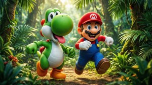 Mario og Yoshi løper gledesfullt gjennom en solfylt tropisk skog, leken og livfull. — Mario Bakgrunner