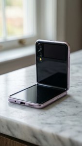 Minimalistisk Z Flip 5 hvilende på marmor med myk pastellbelysning