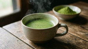 Matcha-grønn tekopp på et trebord.