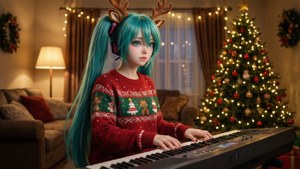 Hatsune Miku som spiller keyboard i julegenser