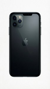 Minimalistisk silhuettillustrasjon av iPhone 11 Pro Max på hvit bakgrunn.