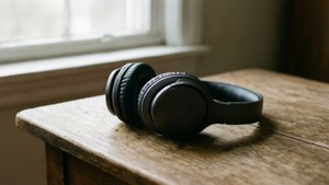 En rolig scene med hodetelefoner på et trebord i mykt lys. — Musikkestetikk Bakgrunner