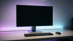 Rent og moderne skrivebordsoppsett med RGB-belysning.