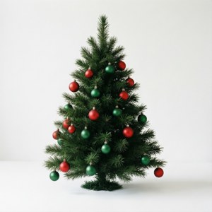 Et minimalistisk juletre med enkle røde og grønne ornamenter på hvit bakgrunn. — God jul Bakgrunner