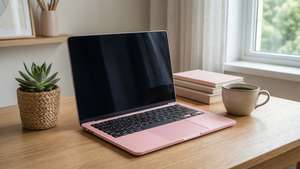 Myk estetisk skrivebordsbakgrunn med rosa laptop, sukkulent og kaffe. — Myk estetisk GIF Bakgrunner