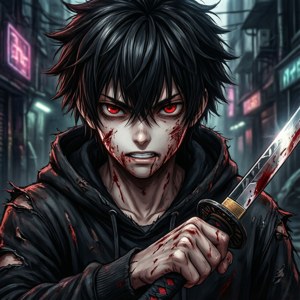 Tøff anime-profilbilde av en gutt med katana i en neongate — Huawei nova Flip Bakgrunner